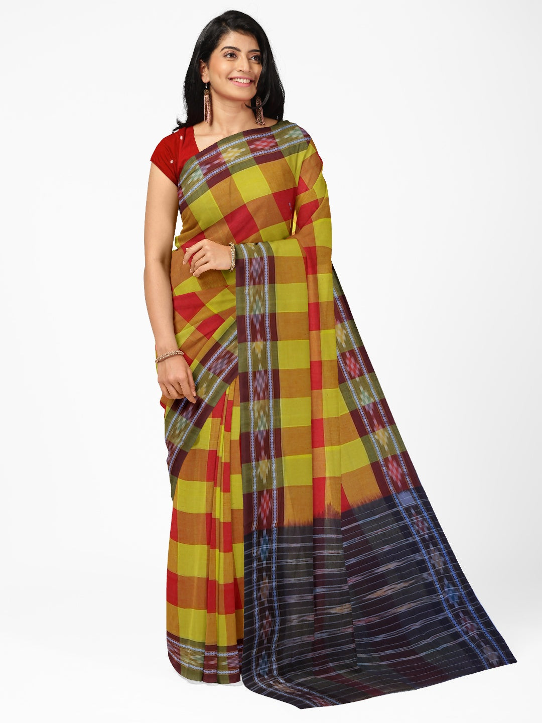 Yellow Red checkered body Odisha Ikat saree with cotton ikat blouse piece