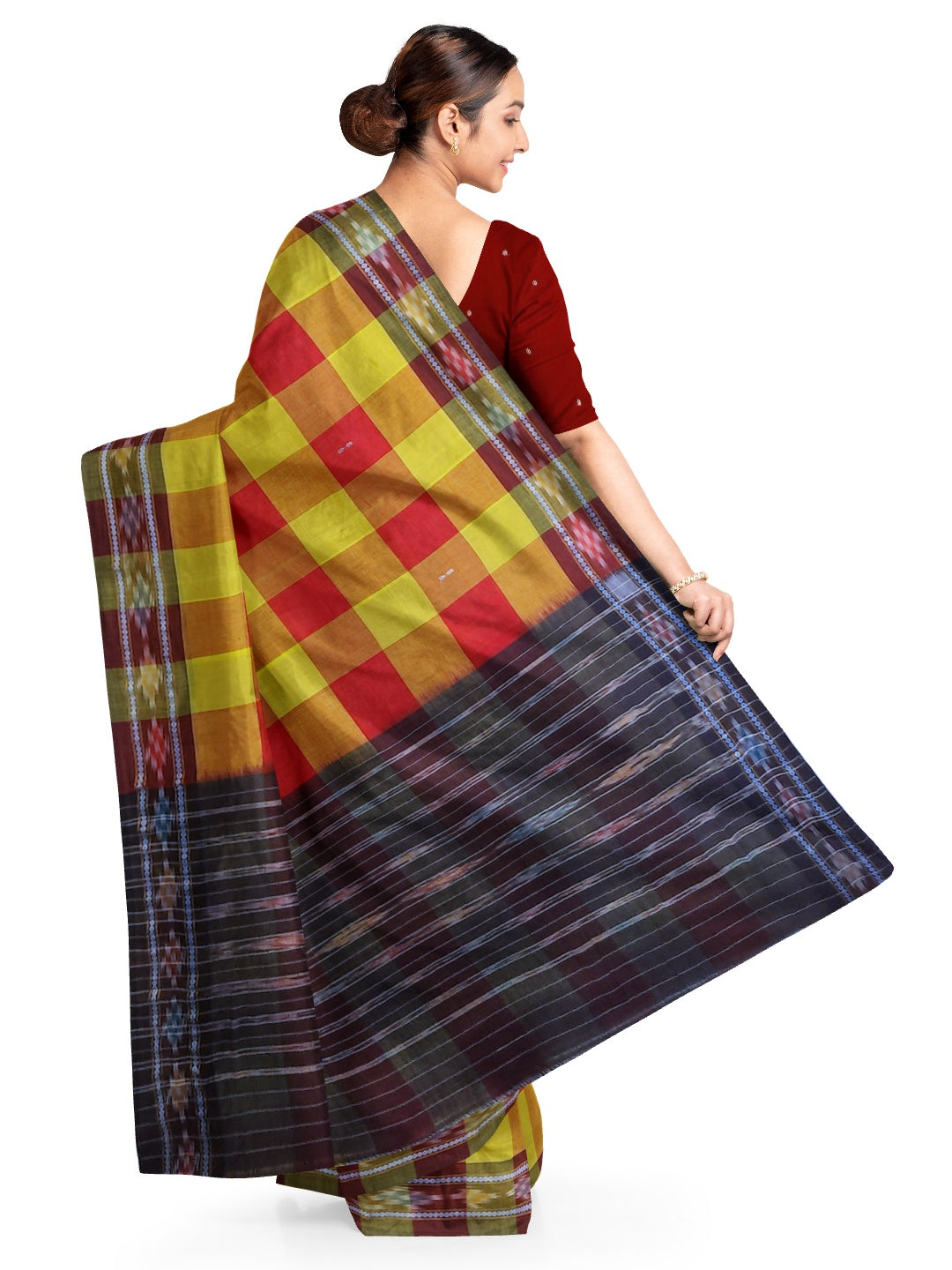 Yellow Red checkered body Odisha Ikat saree with cotton ikat blouse piece
