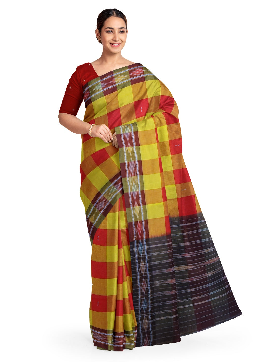 Yellow Red checkered body Odisha Ikat saree with cotton ikat blouse piece