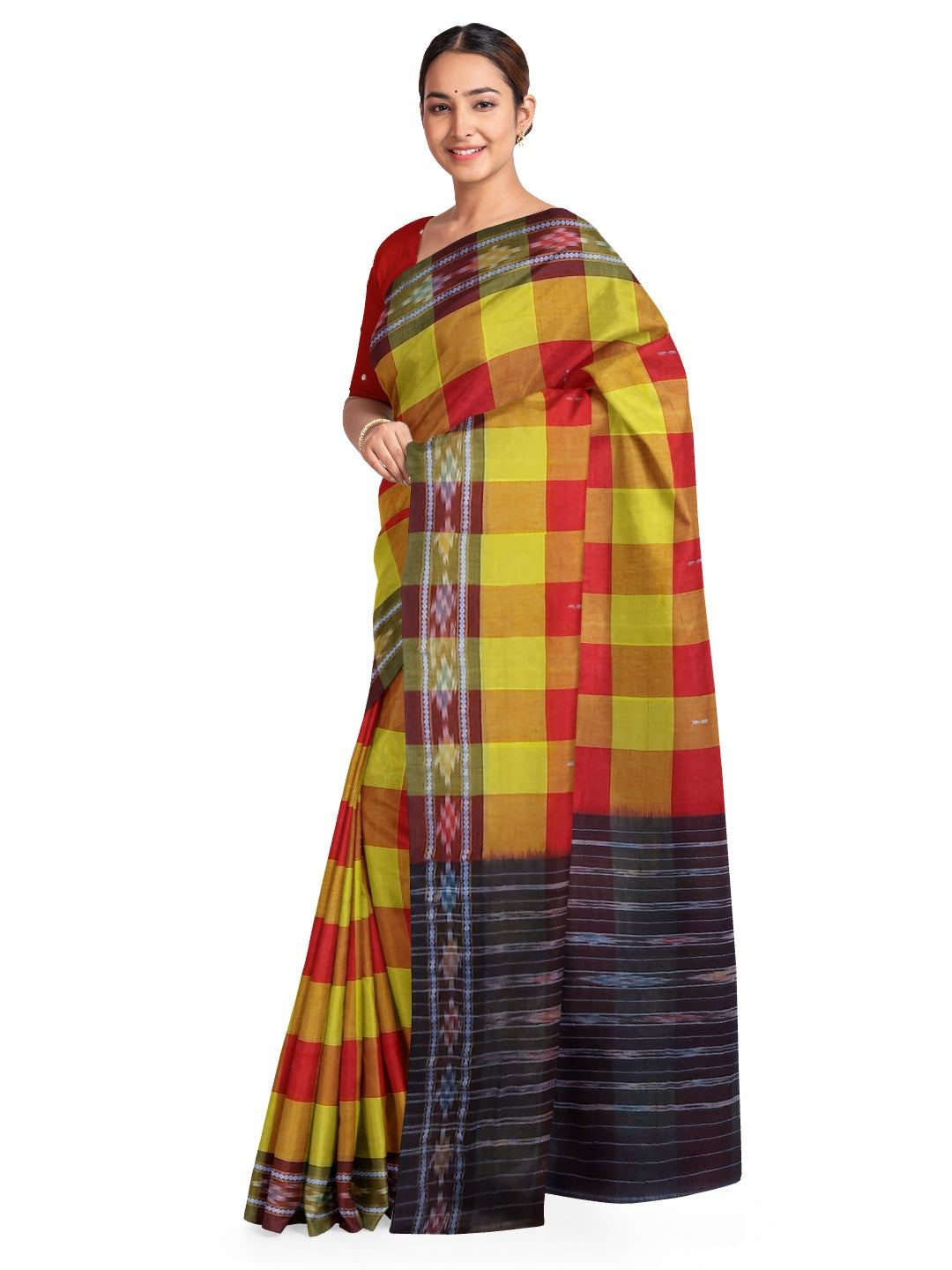 Yellow Red checkered body Odisha Ikat saree with cotton ikat blouse piece