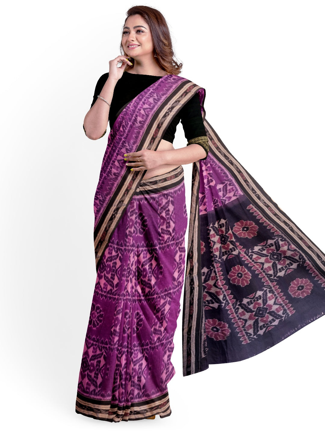 Violet coloured Odisha Ikat saree  with cotton ikat blouse piece