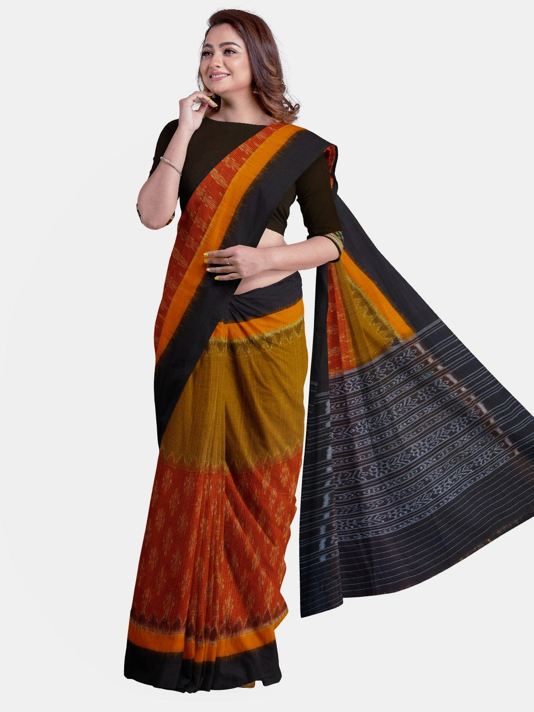 Maroon Mustard half half coloured body Odisha Ikat saree with cotton ikat blouse piece
