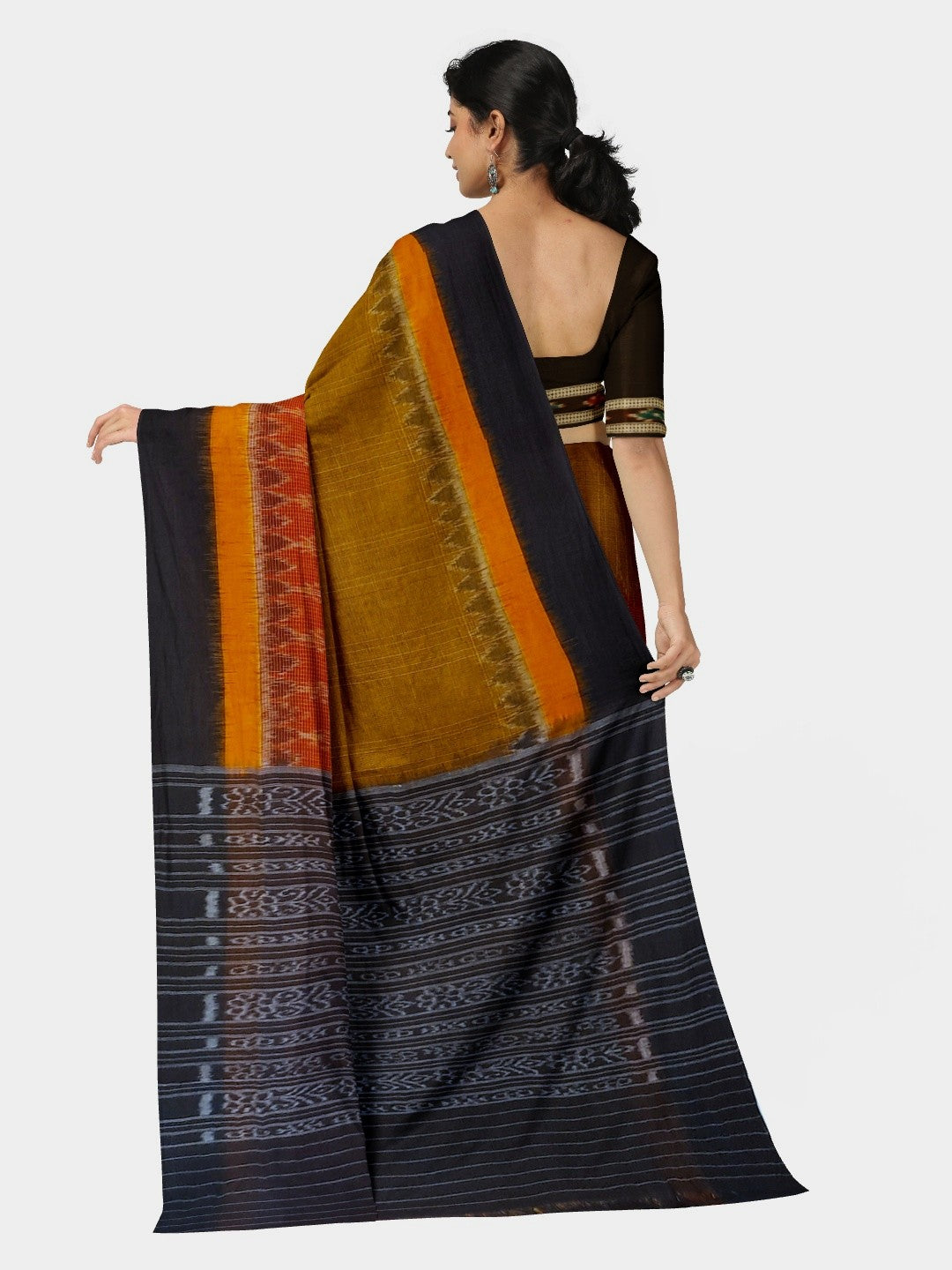 Maroon Mustard half half coloured body Odisha Ikat saree with cotton ikat blouse piece