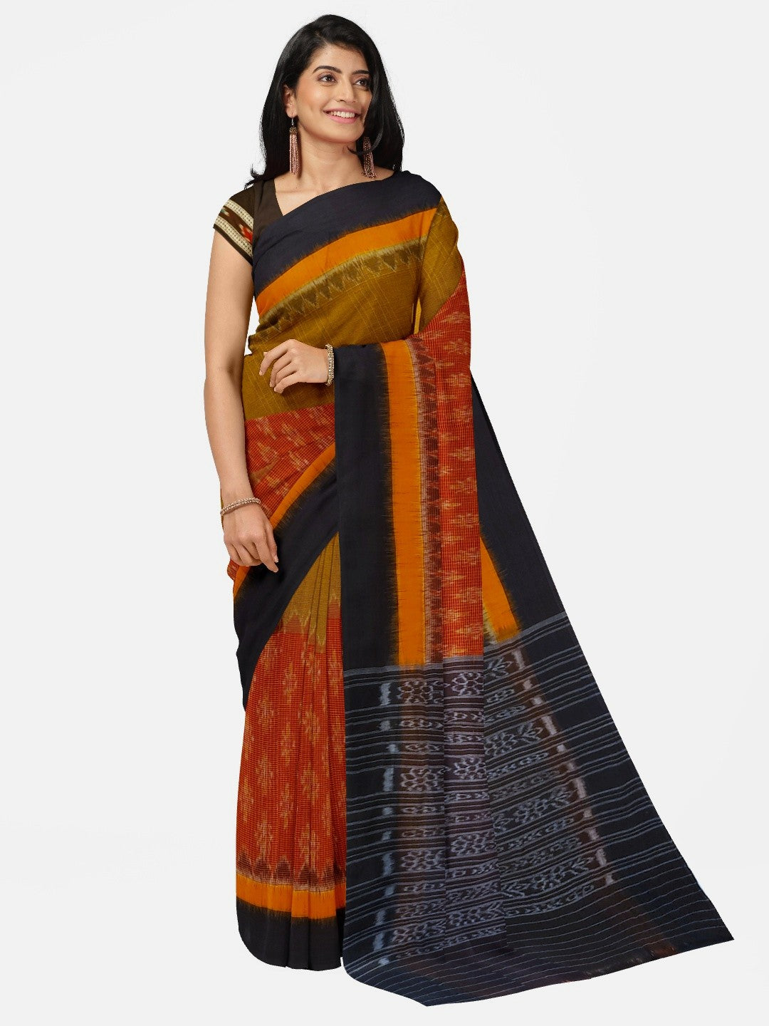 Maroon Mustard half half coloured body Odisha Ikat saree with cotton ikat blouse piece