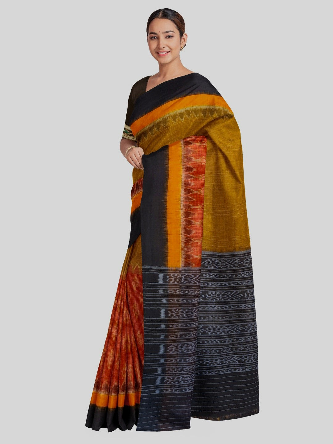 Maroon Mustard half half coloured body Odisha Ikat saree with cotton ikat blouse piece