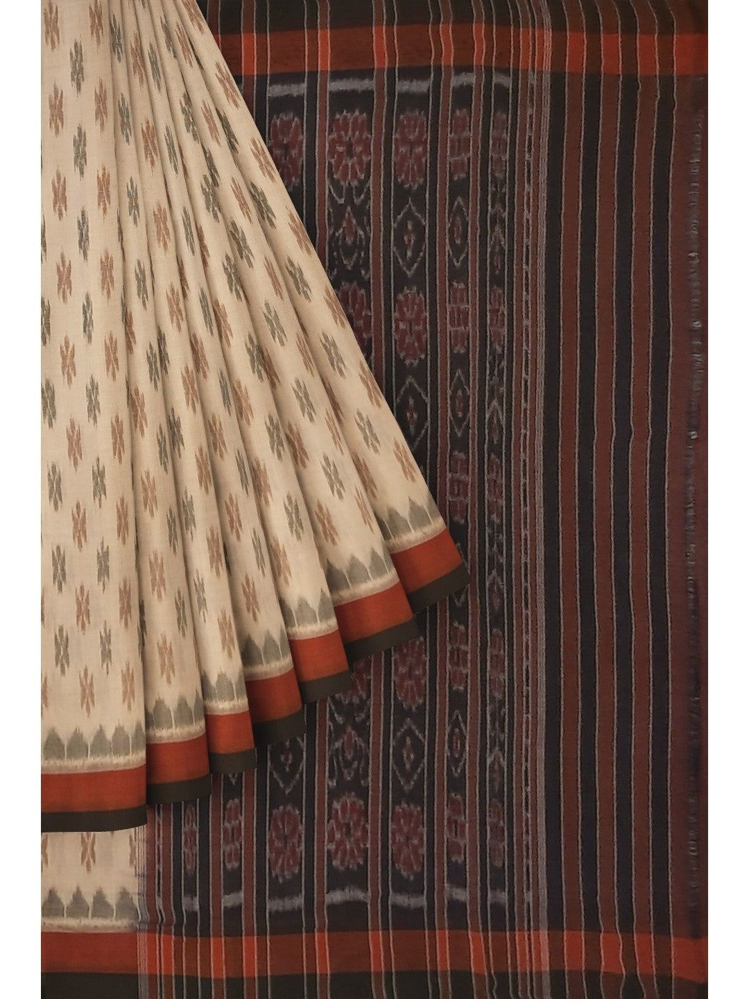 Beige cotton Odisha Ikat saree with cotton ikat blouse piece