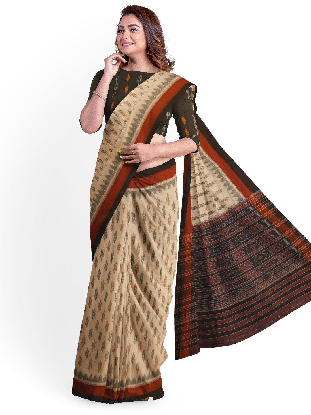 Beige cotton Odisha Ikat saree with cotton ikat blouse piece