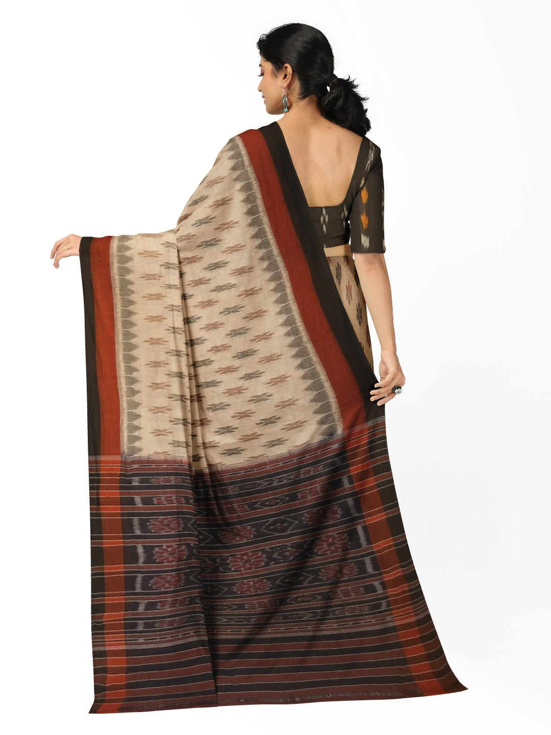 Beige cotton Odisha Ikat saree with cotton ikat blouse piece