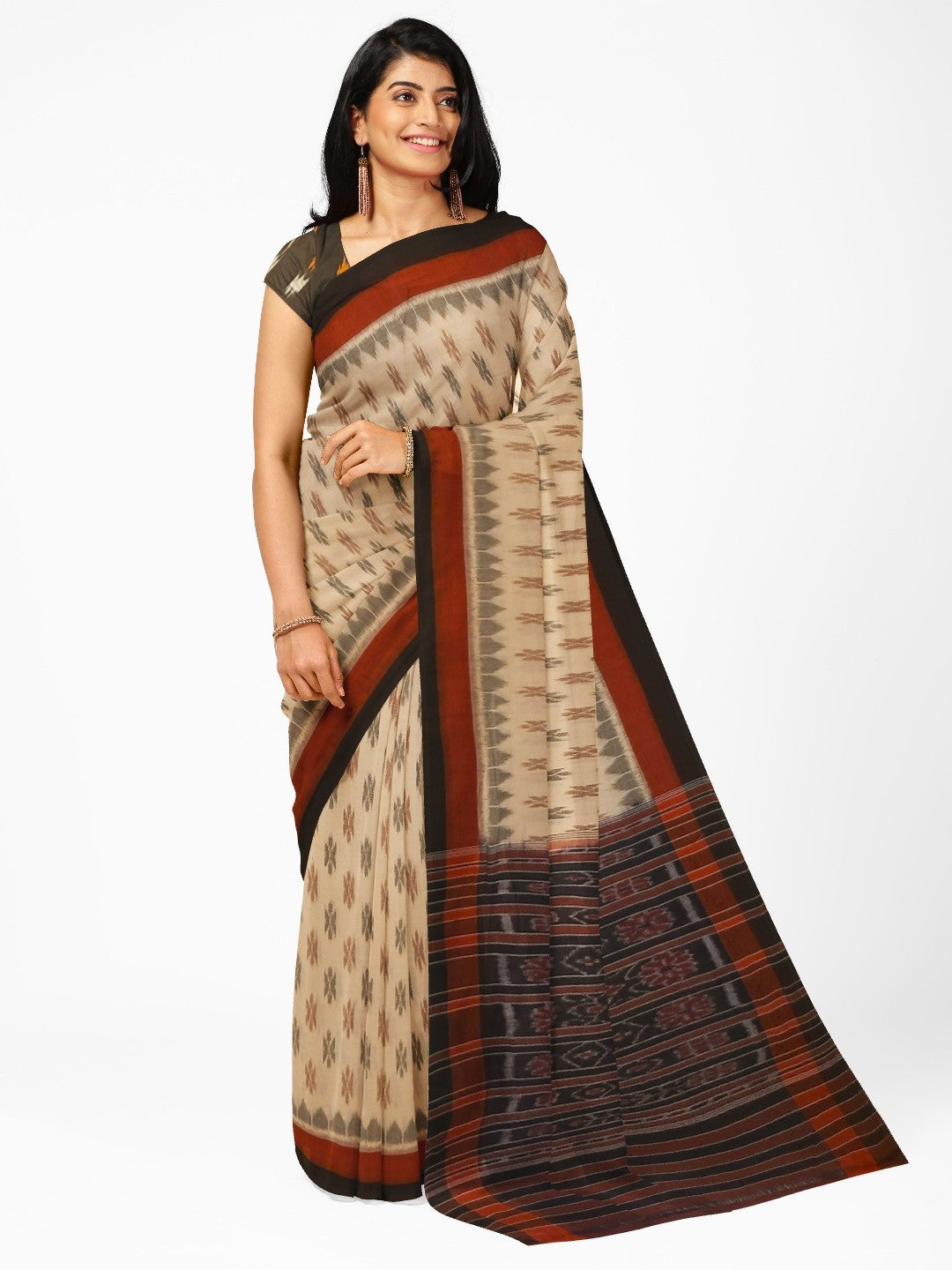 Beige cotton Odisha Ikat saree with cotton ikat blouse piece