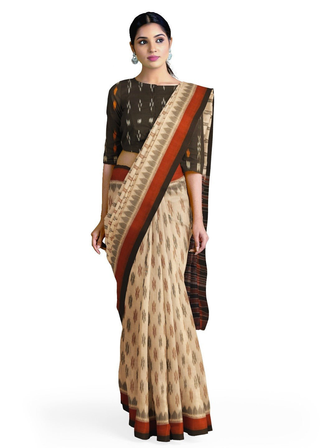 Beige cotton Odisha Ikat saree with cotton ikat blouse piece