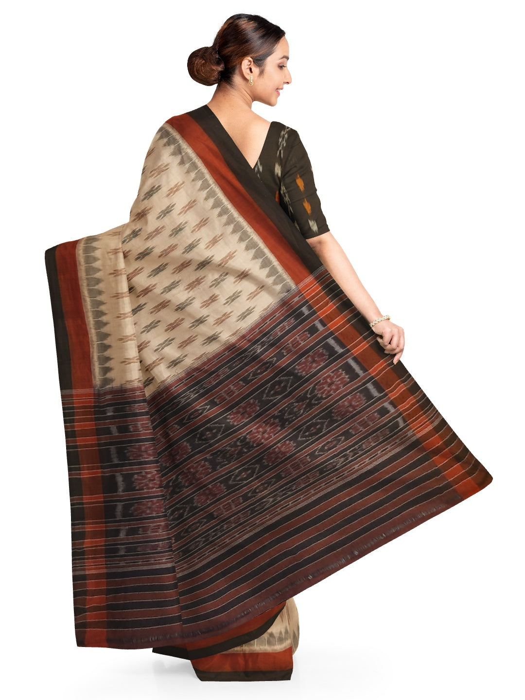 Beige cotton Odisha Ikat saree with cotton ikat blouse piece