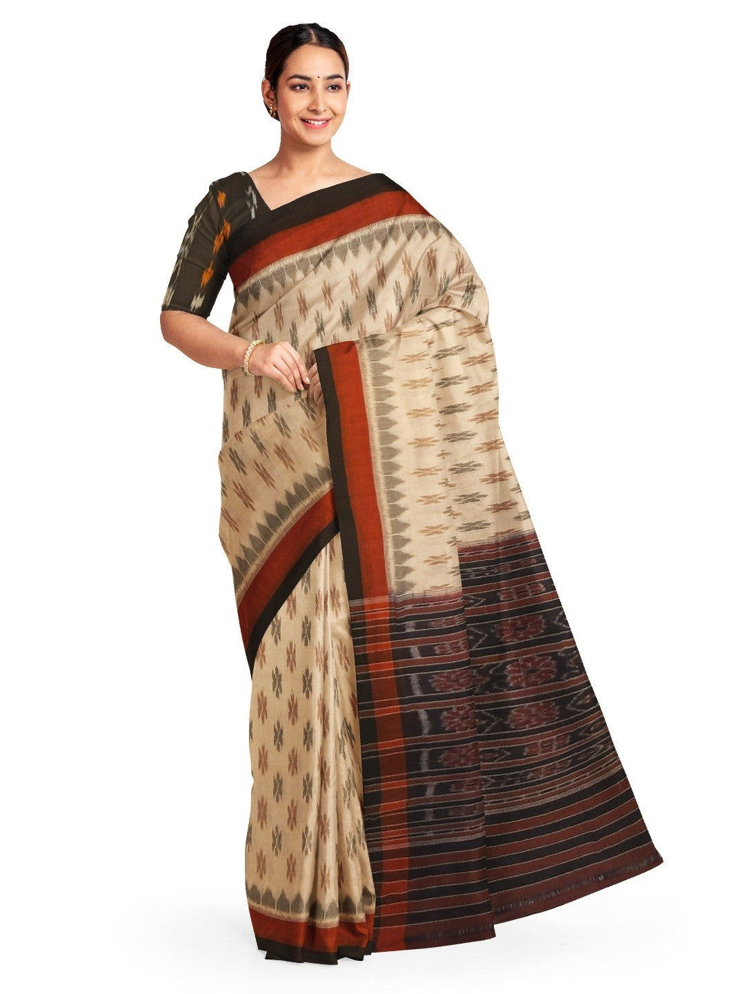 Beige cotton Odisha Ikat saree with cotton ikat blouse piece