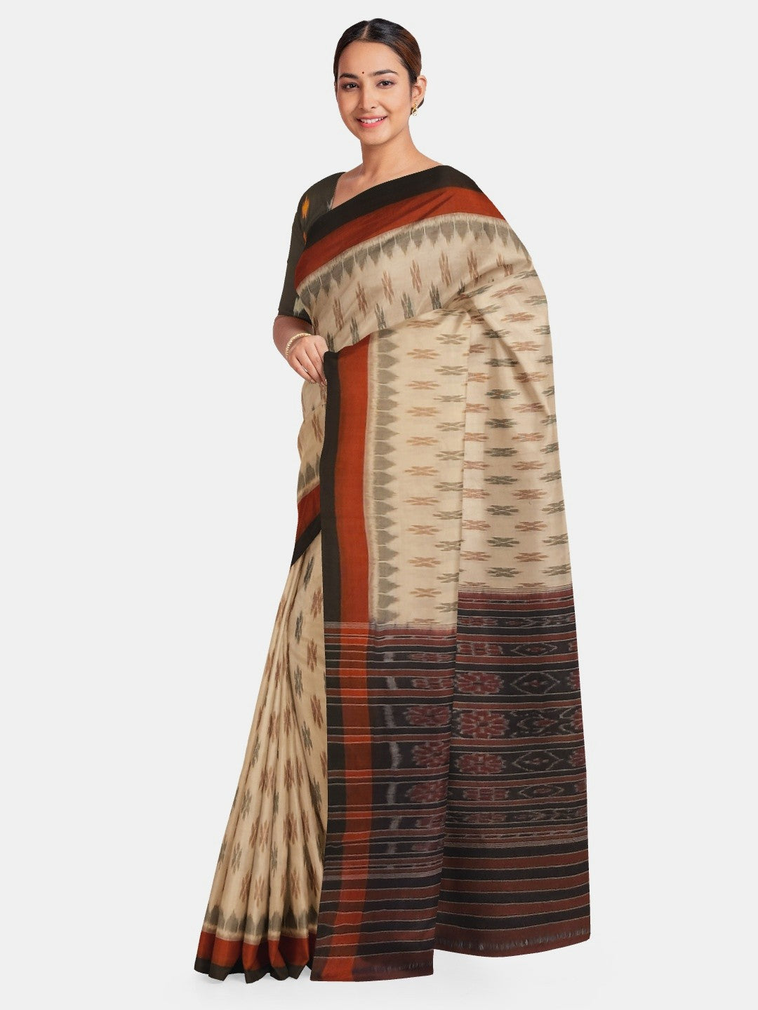 Beige cotton Odisha Ikat saree with cotton ikat blouse piece