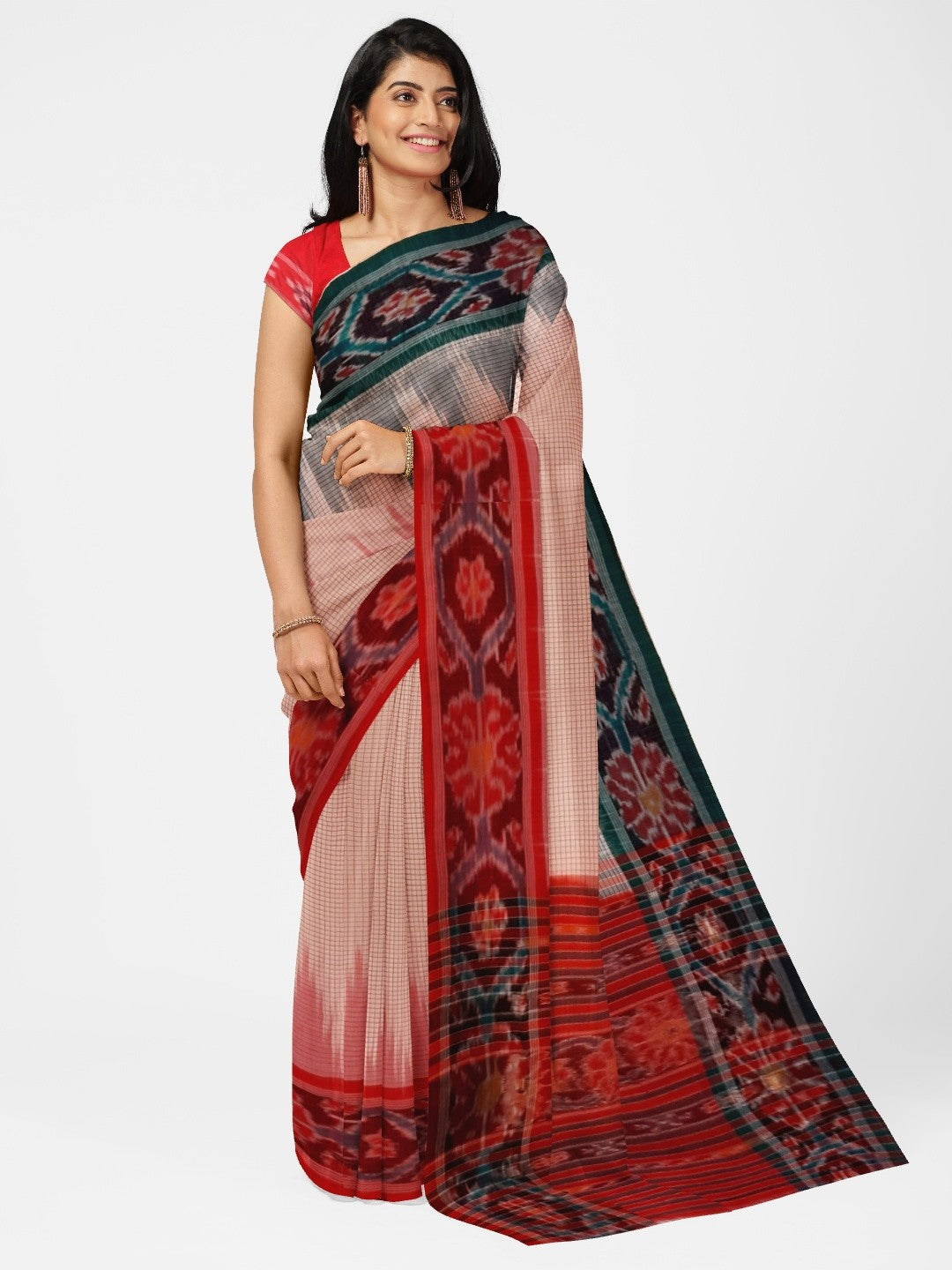Light Pink Ganga Jamuna border Cotton Odisha Ikat saree with cotton ikat blouse piece