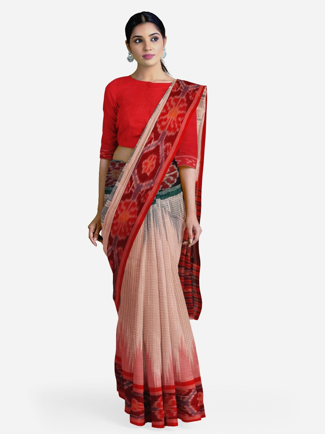 Light Pink Ganga Jamuna border Cotton Odisha Ikat saree with cotton ikat blouse piece