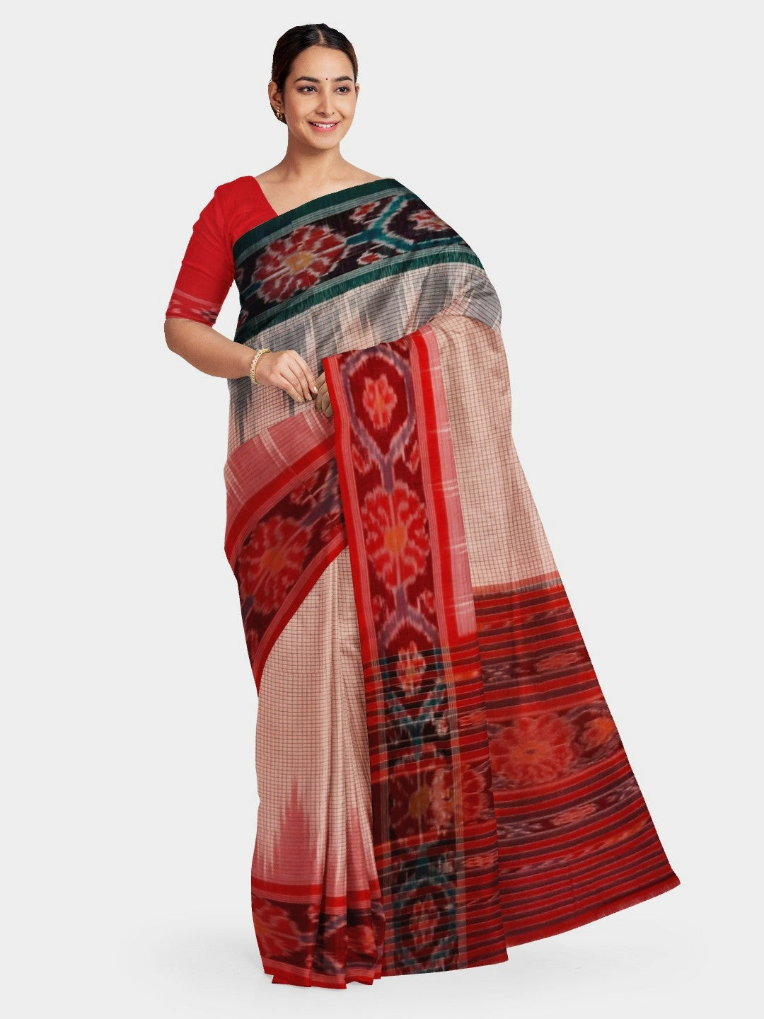 Light Pink Ganga Jamuna border Cotton Odisha Ikat saree with cotton ikat blouse piece
