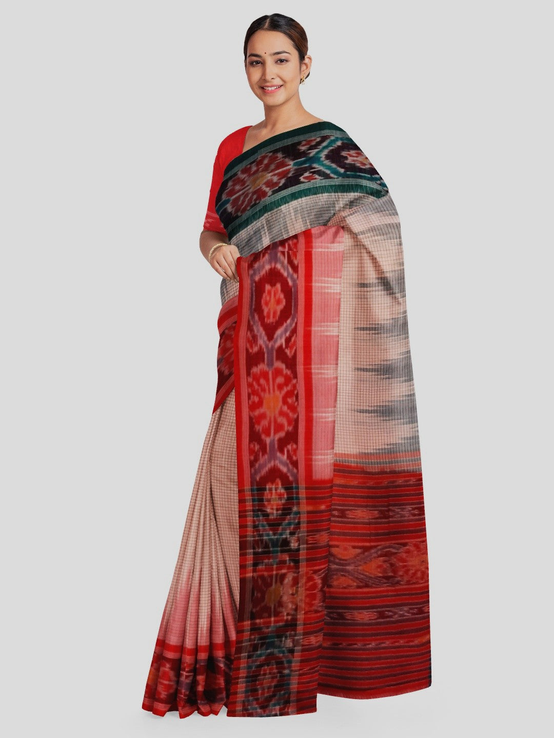 Light Pink Ganga Jamuna border Cotton Odisha Ikat saree with cotton ikat blouse piece