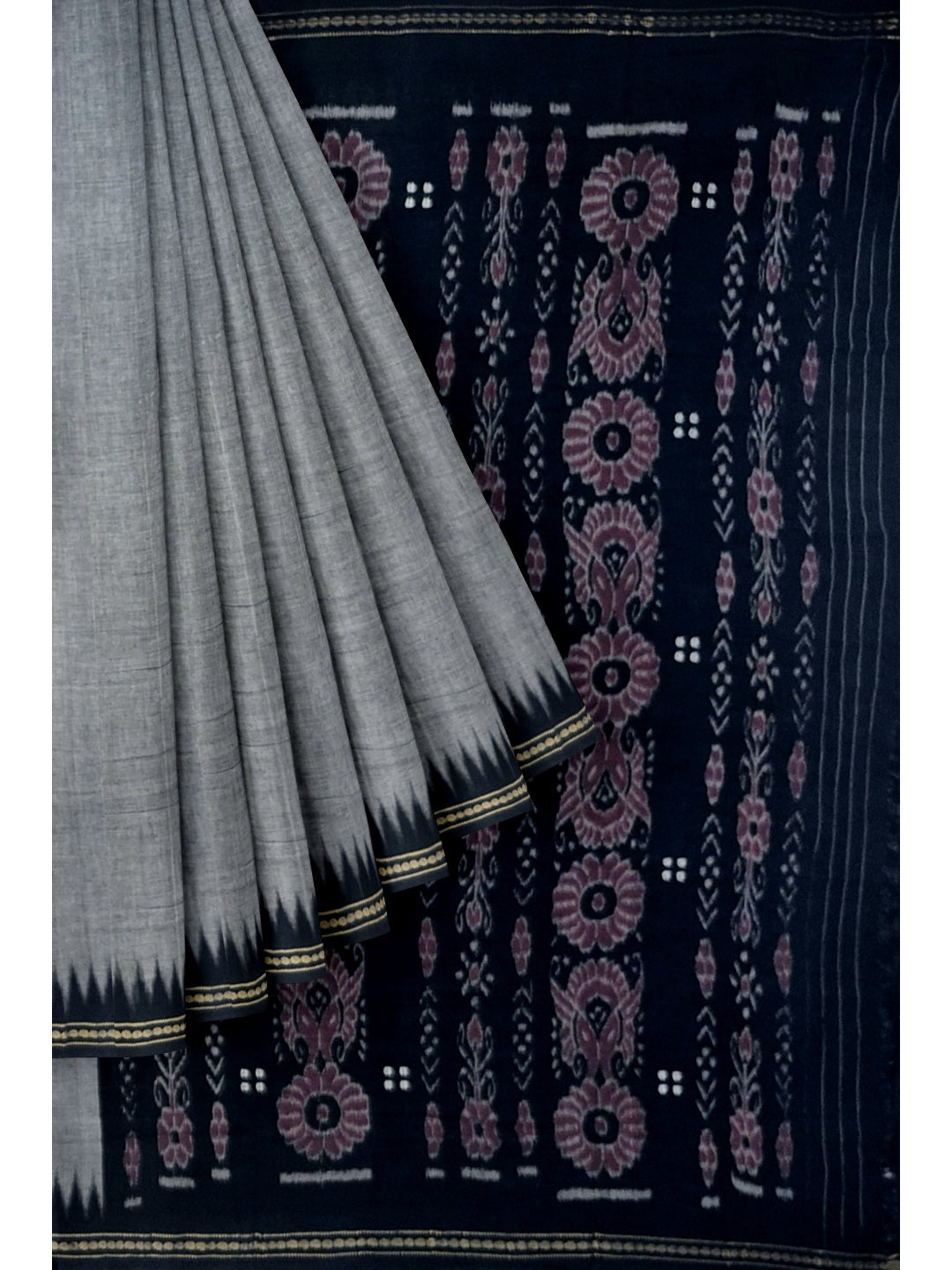 Grey Ekphulia Pattern Odisha Ikat Cotton Saree with cotton ikat blouse piece