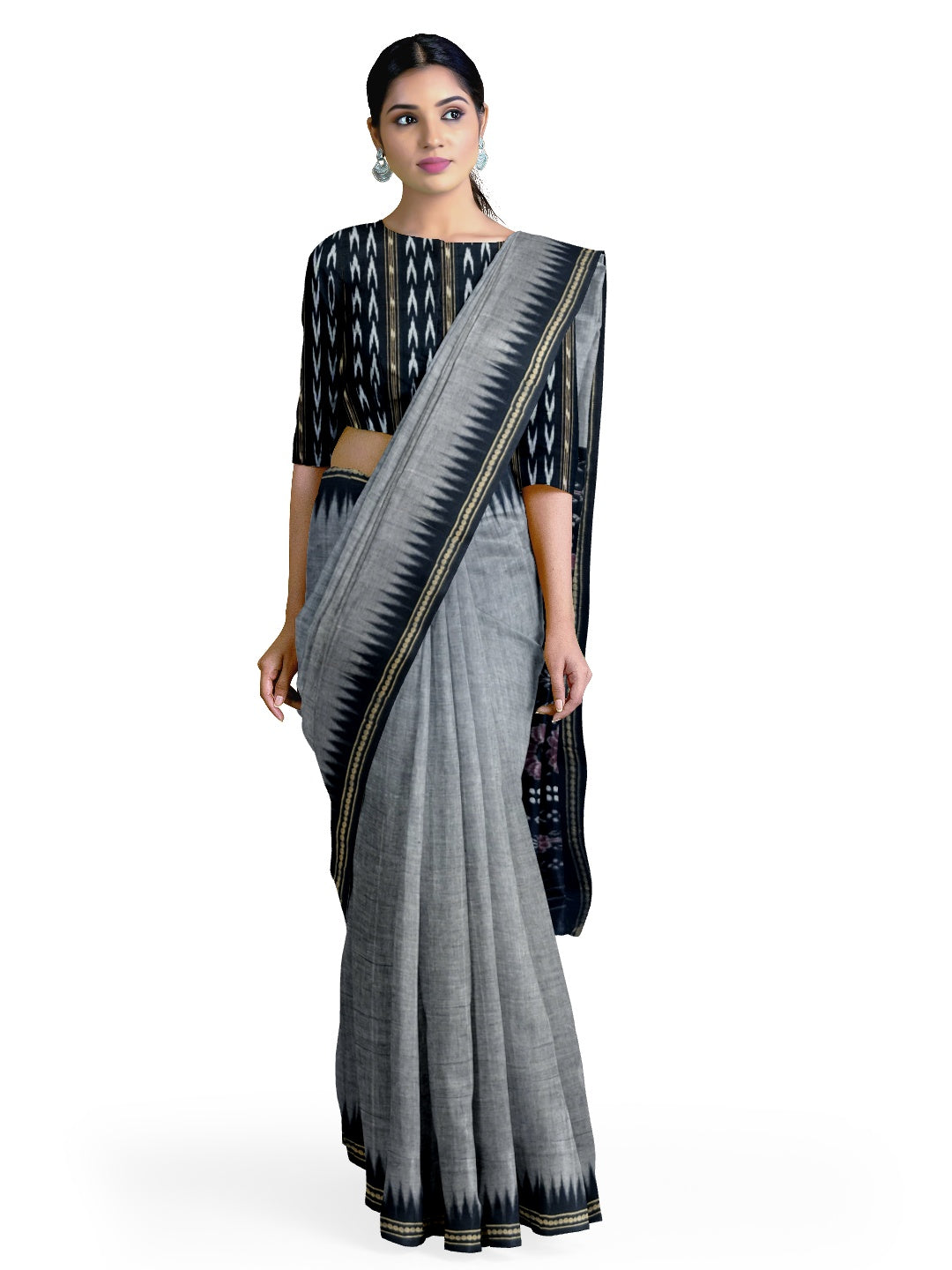 Grey Ekphulia Pattern Odisha Ikat Cotton Saree with cotton ikat blouse piece