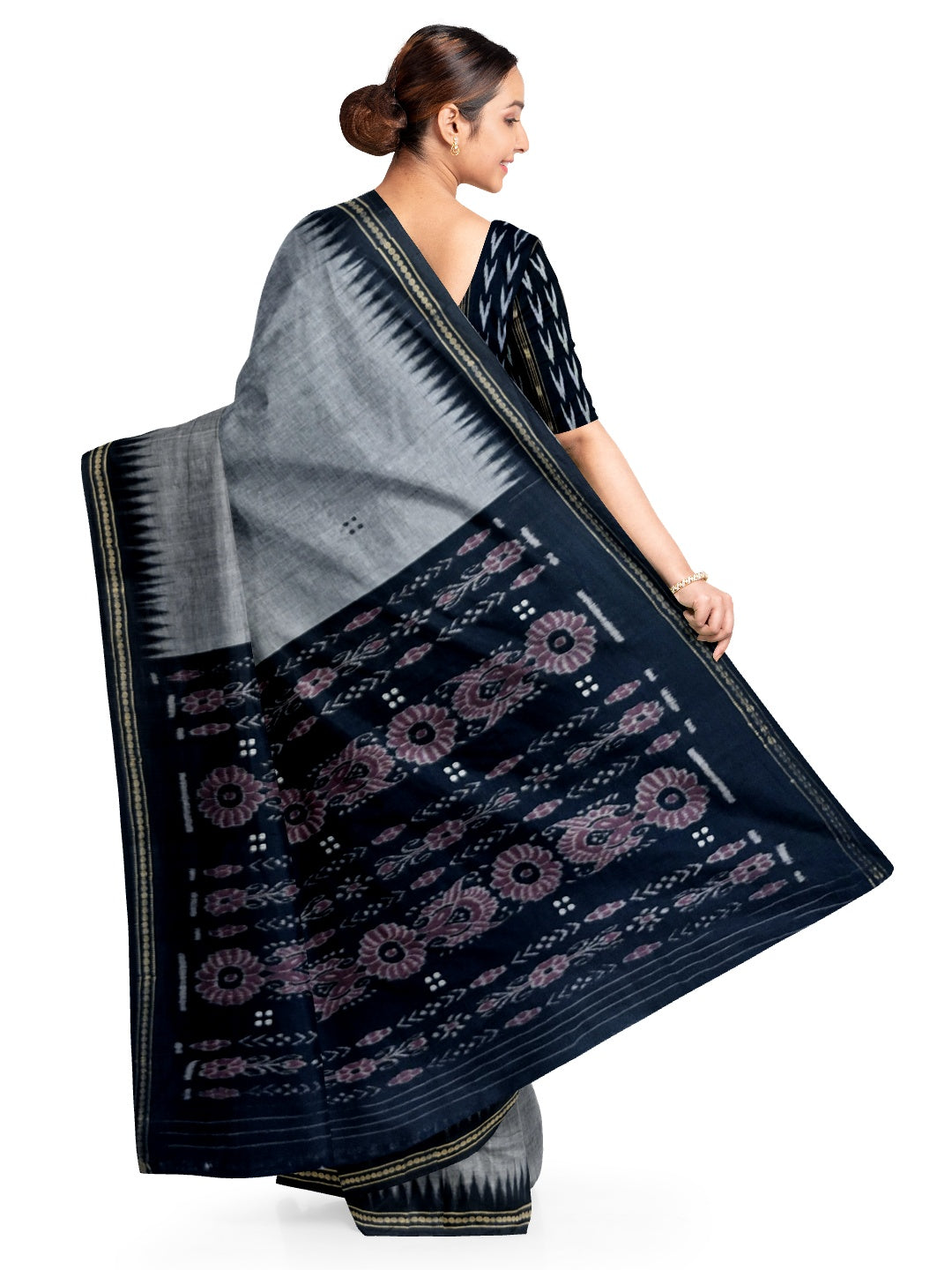 Grey Ekphulia Pattern Odisha Ikat Cotton Saree with cotton ikat blouse piece
