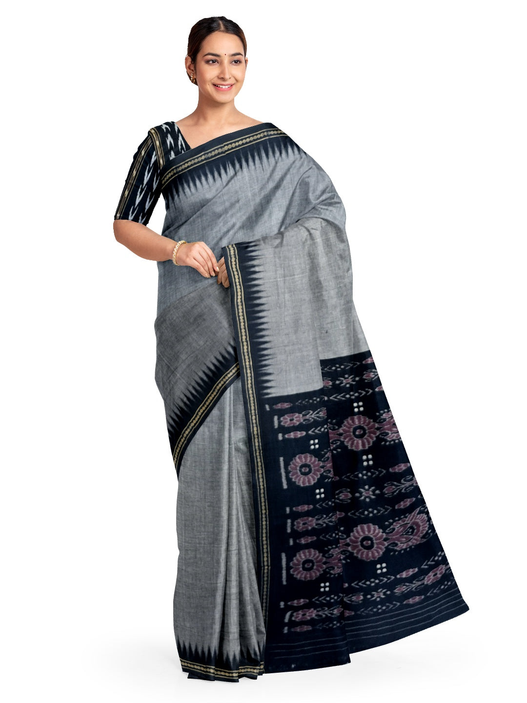 Grey Ekphulia Pattern Odisha Ikat Cotton Saree with cotton ikat blouse piece