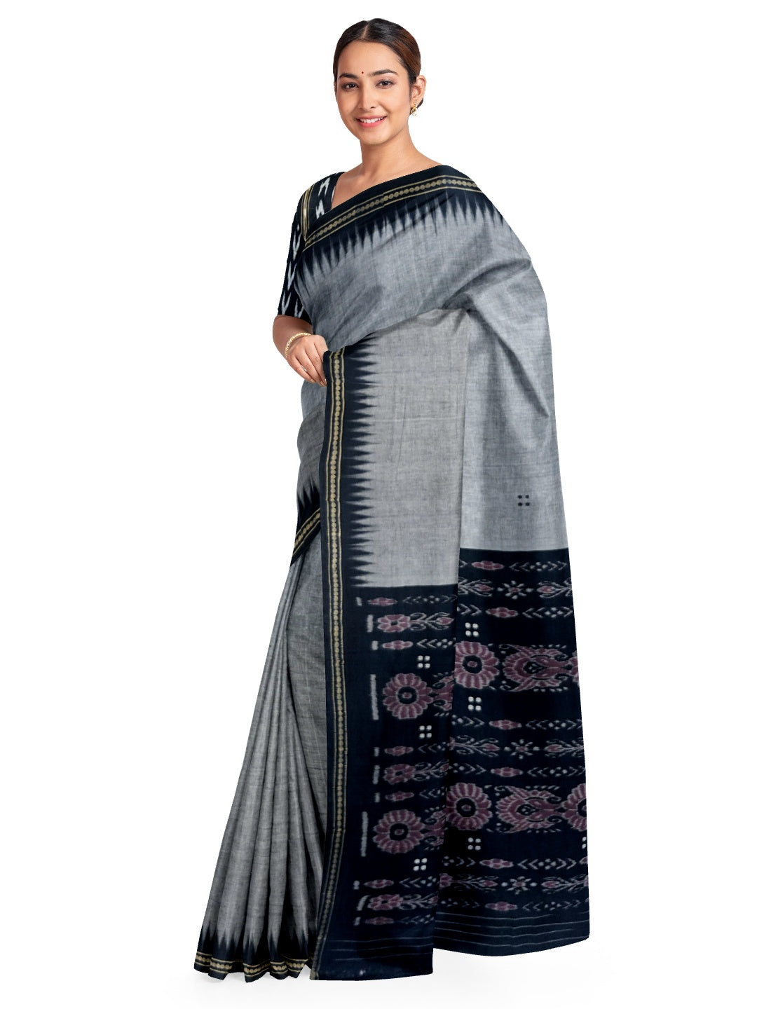 Grey Ekphulia Pattern Odisha Ikat Cotton Saree with cotton ikat blouse piece