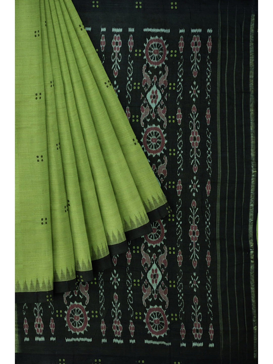Green with Black Cotton Odisha Ikat saree with cotton ikat blouse piece