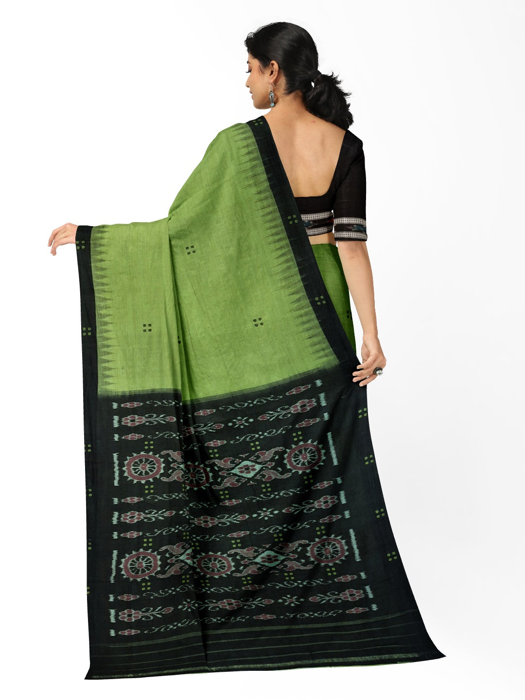Green with Black Cotton Odisha Ikat saree with cotton ikat blouse piece