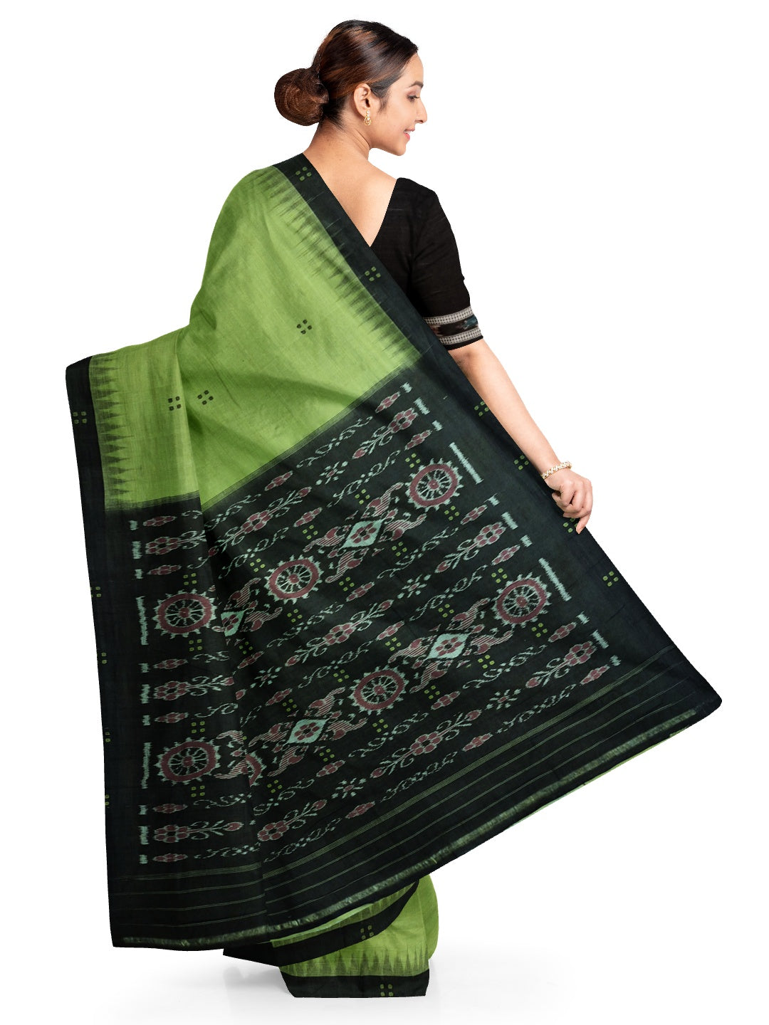 Green with Black Cotton Odisha Ikat saree with cotton ikat blouse piece