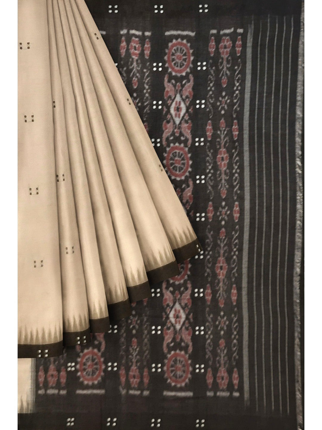 Beige with Black Cotton Odisha Ikat saree with black cotton ikat blouse piece