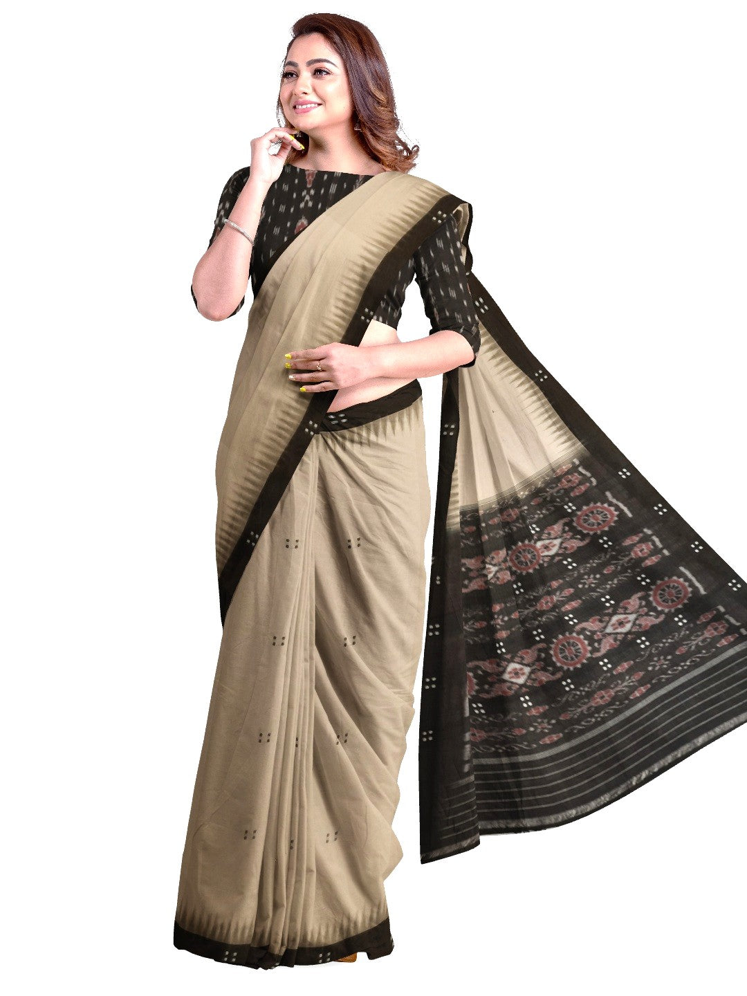 Beige with Black Cotton Odisha Ikat saree with black cotton ikat blouse piece