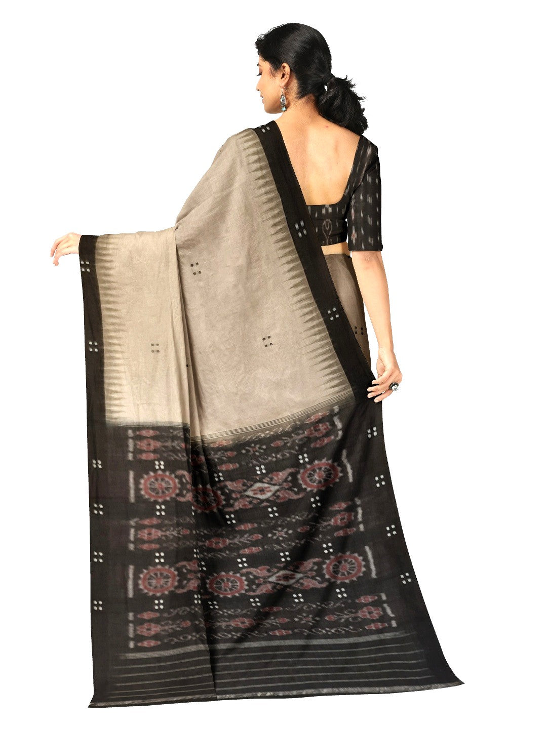 Beige with Black Cotton Odisha Ikat saree with black cotton ikat blouse piece