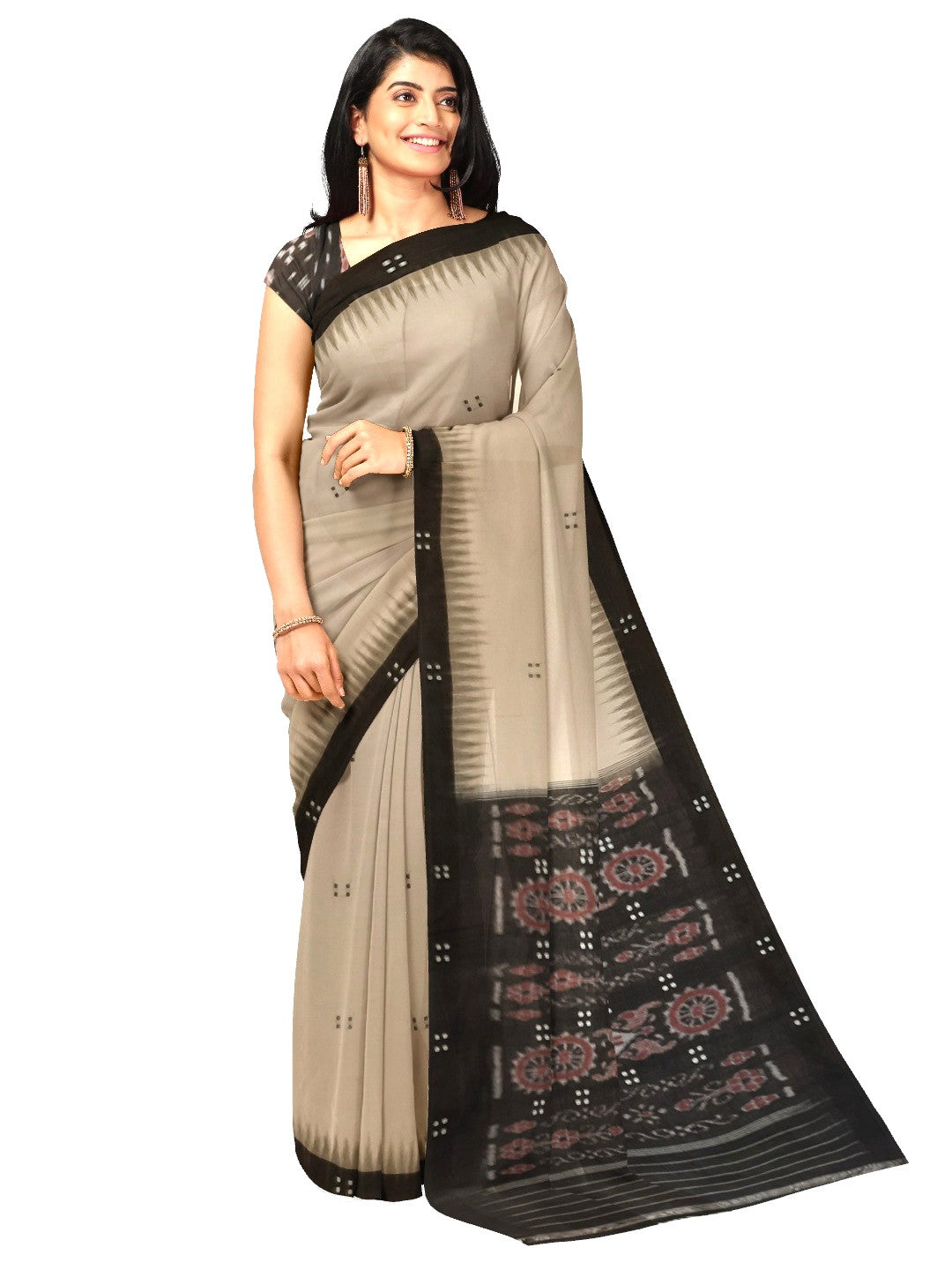 Beige with Black Cotton Odisha Ikat saree with black cotton ikat blouse piece