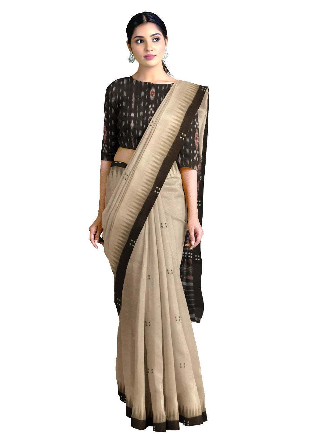 Beige with Black Cotton Odisha Ikat saree with black cotton ikat blouse piece