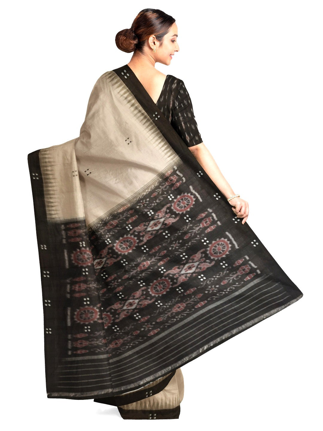 Beige with Black Cotton Odisha Ikat saree with black cotton ikat blouse piece