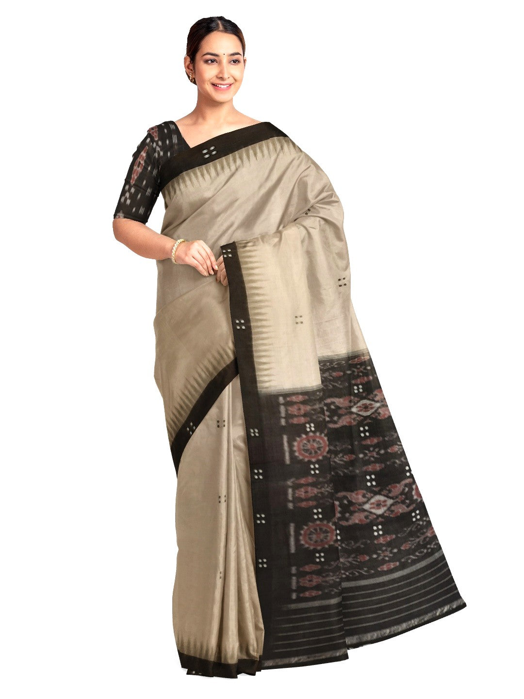 Beige with Black Cotton Odisha Ikat saree with black cotton ikat blouse piece