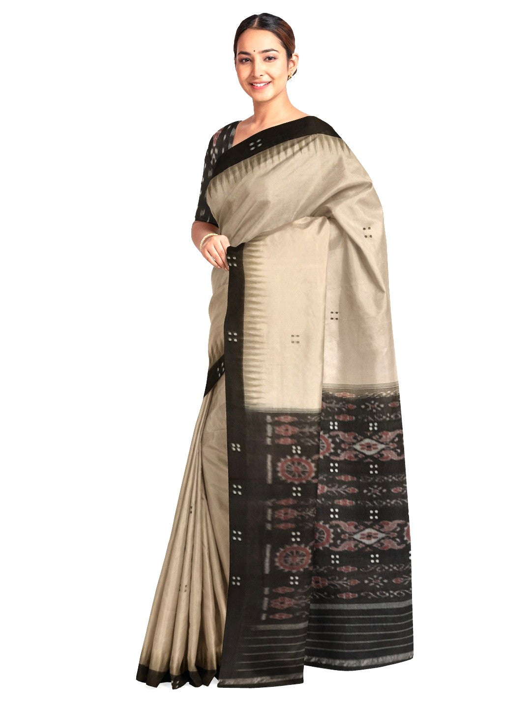 Beige with Black Cotton Odisha Ikat saree with black cotton ikat blouse piece
