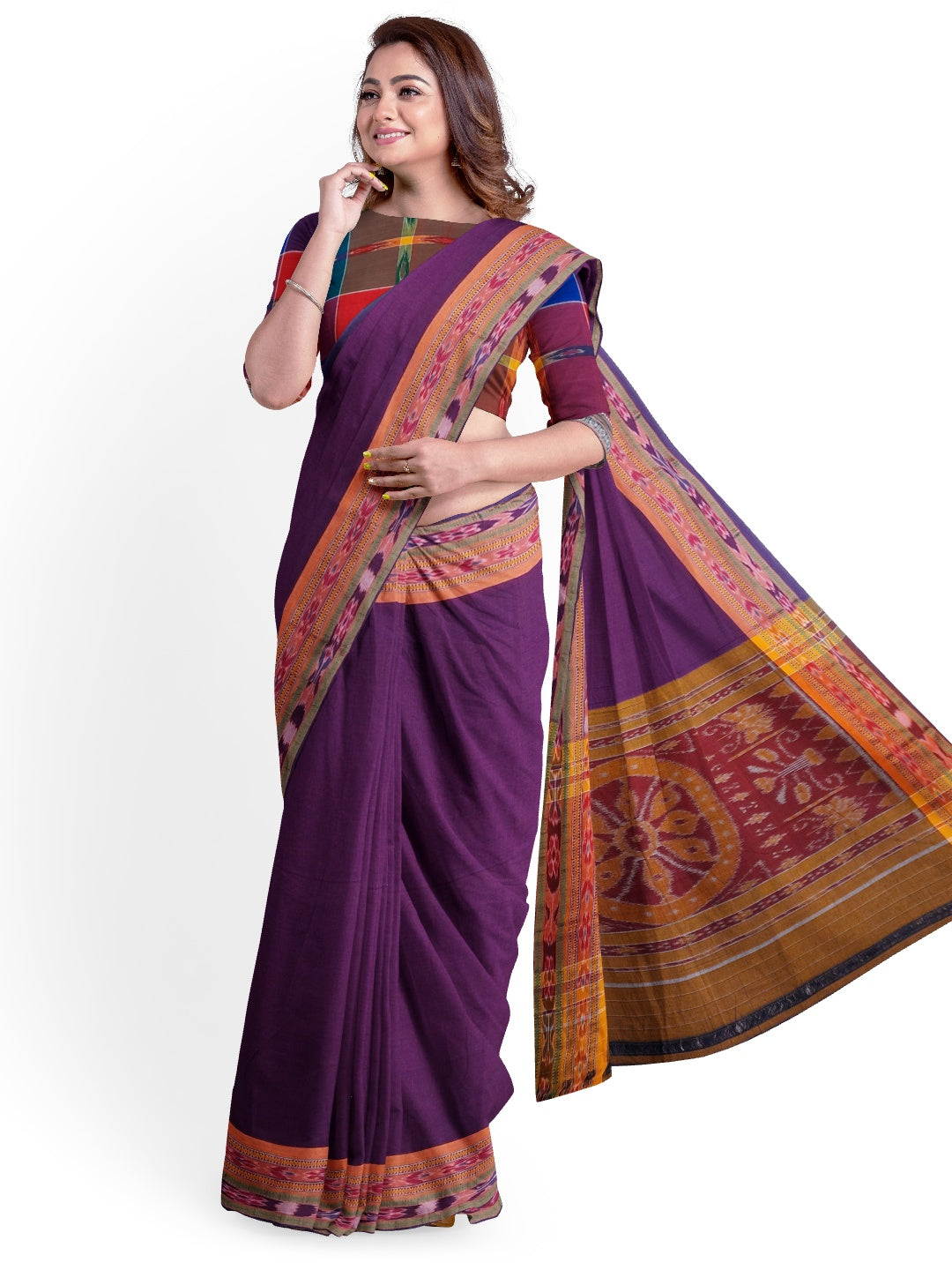 Violet Cotton Odisha Ikat saree  with mix match cotton ikat blouse