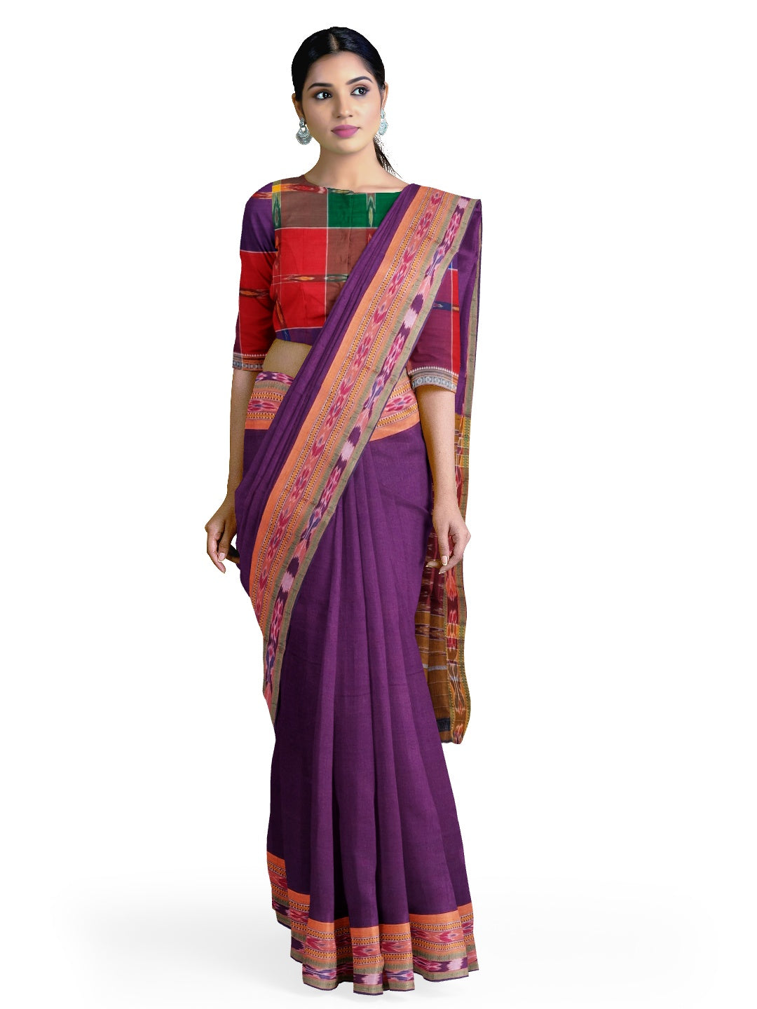 Violet Cotton Odisha Ikat saree  with mix match cotton ikat blouse