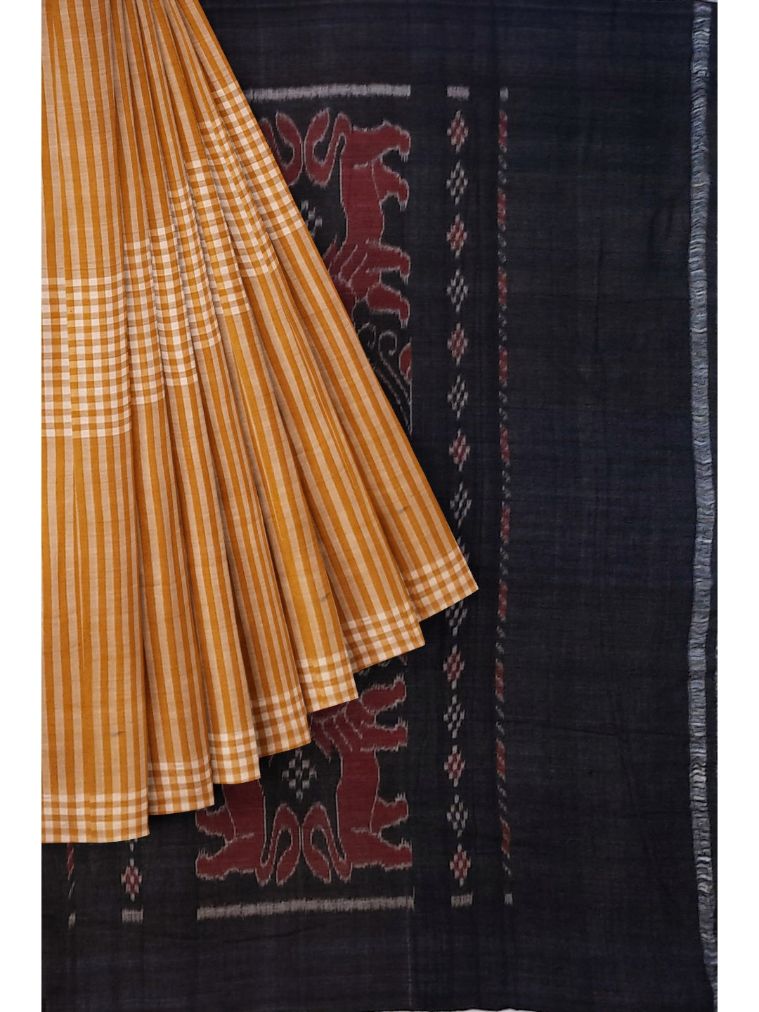 Mustard striped body Cotton Odisha Ikat saree with mix match blouse piece