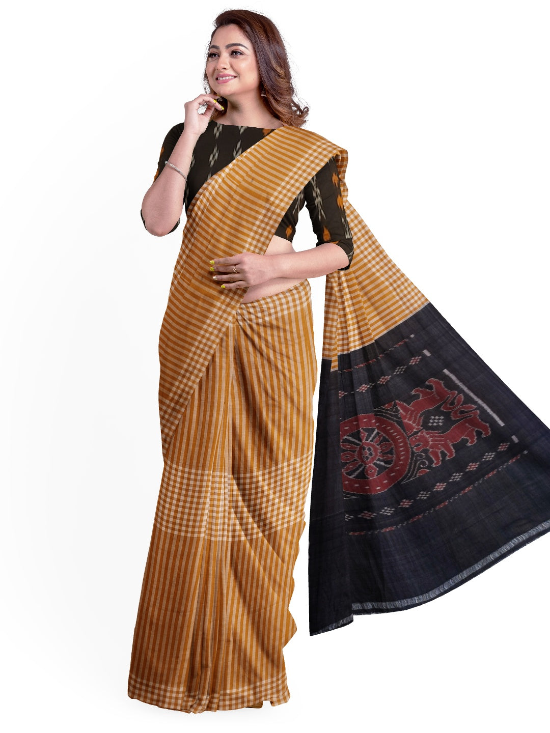 Mustard striped body Cotton Odisha Ikat saree with mix match blouse piece