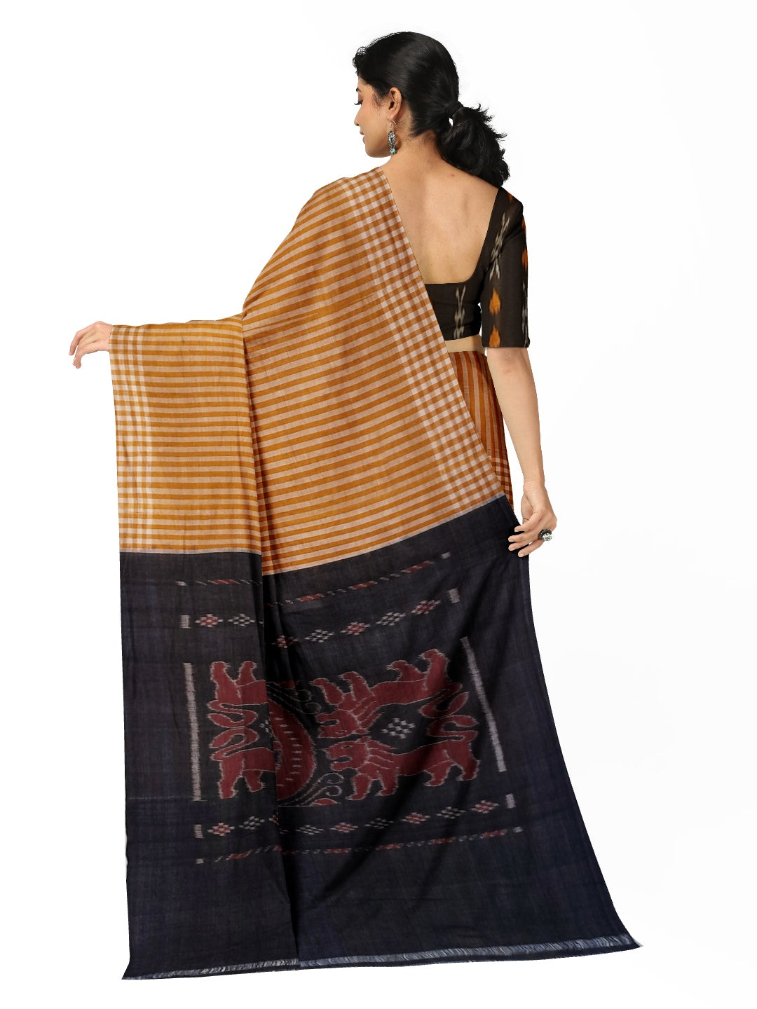 Mustard striped body Cotton Odisha Ikat saree with mix match blouse piece