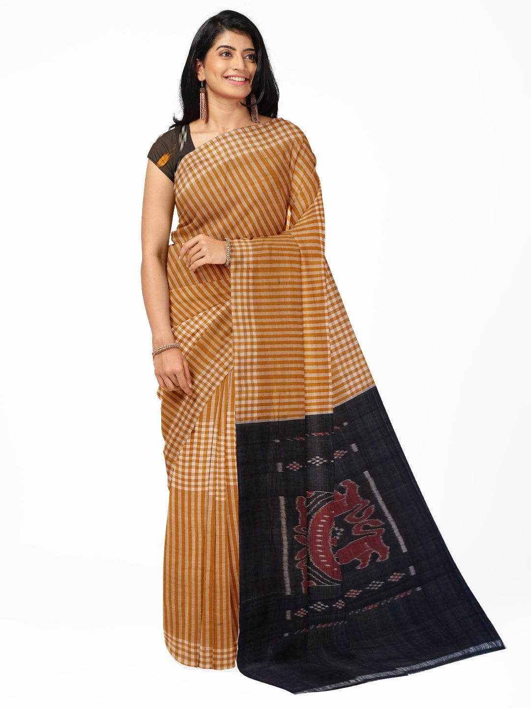 Mustard striped body Cotton Odisha Ikat saree with mix match blouse piece