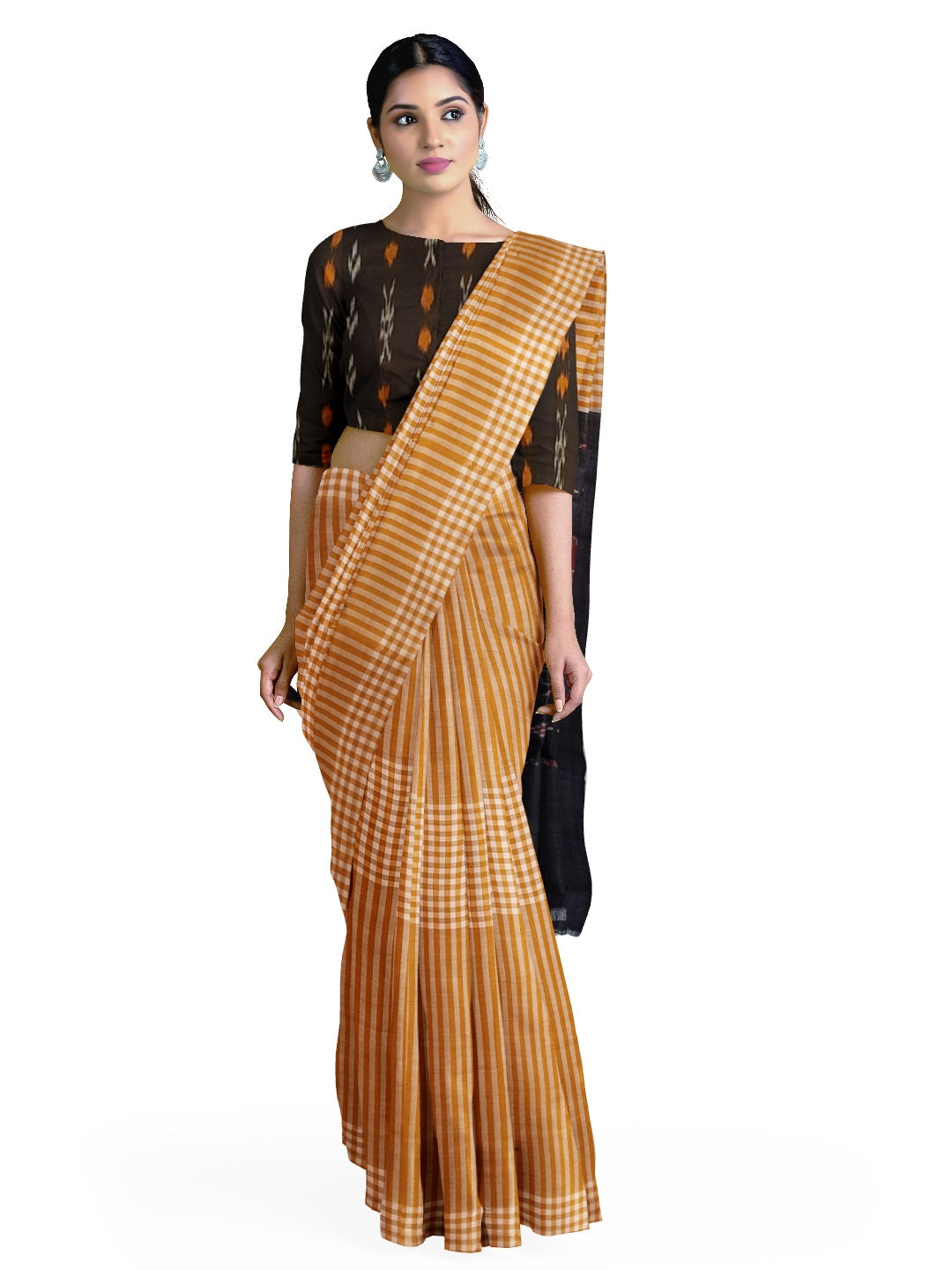 Mustard striped body Cotton Odisha Ikat saree with mix match blouse piece