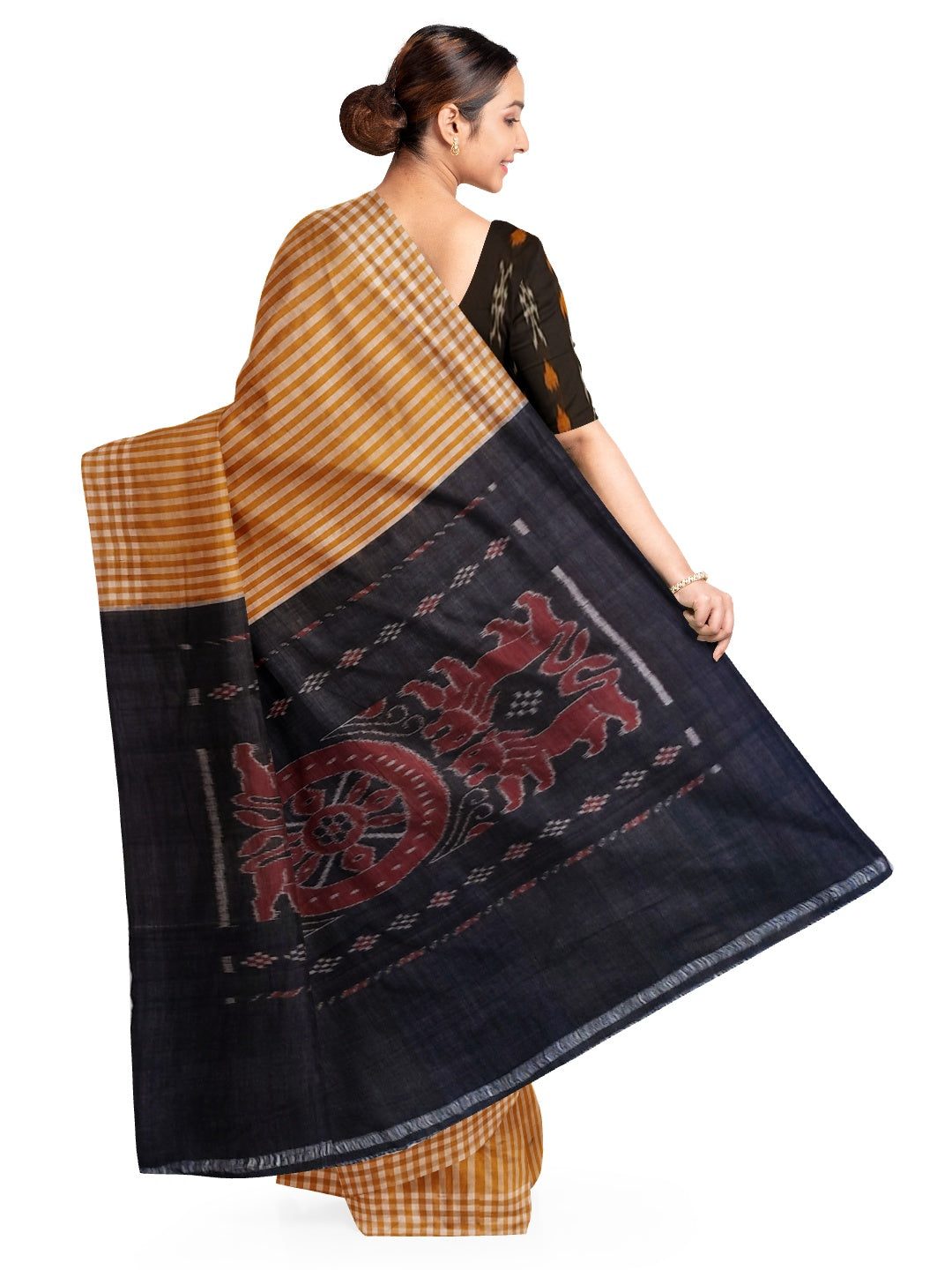 Mustard striped body Cotton Odisha Ikat saree with mix match blouse piece
