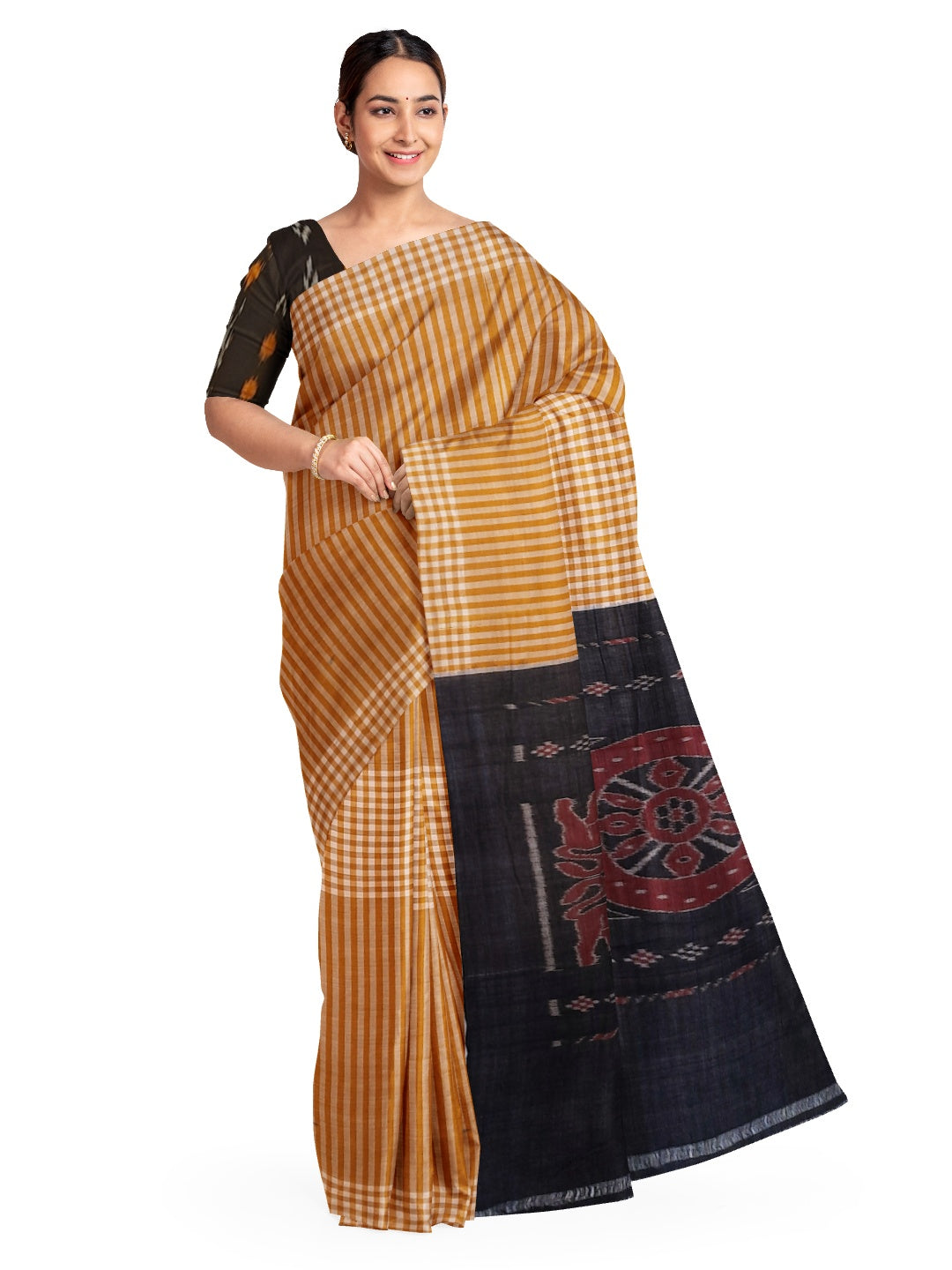 Mustard striped body Cotton Odisha Ikat saree with mix match blouse piece