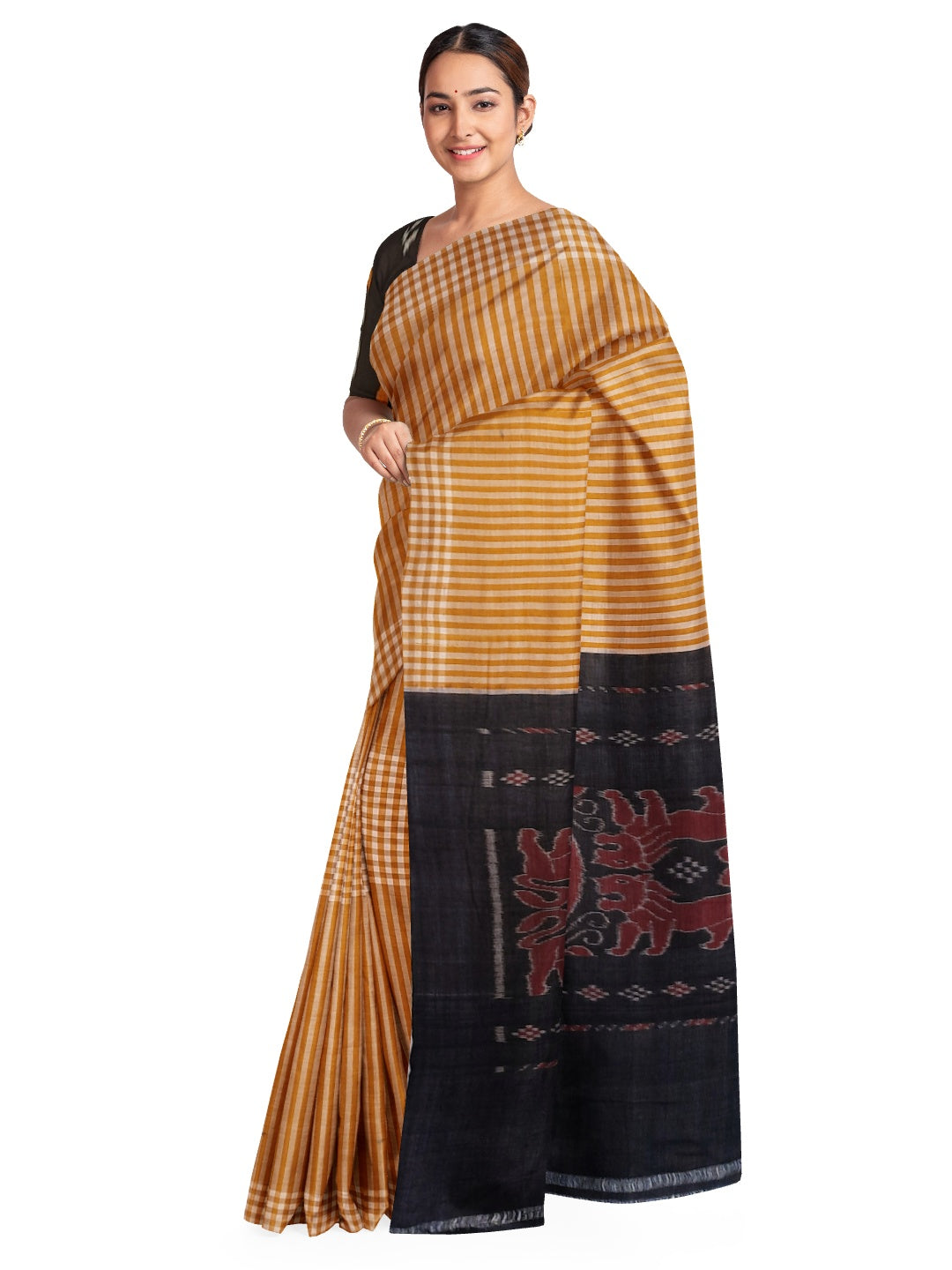 Mustard striped body Cotton Odisha Ikat saree with mix match blouse piece