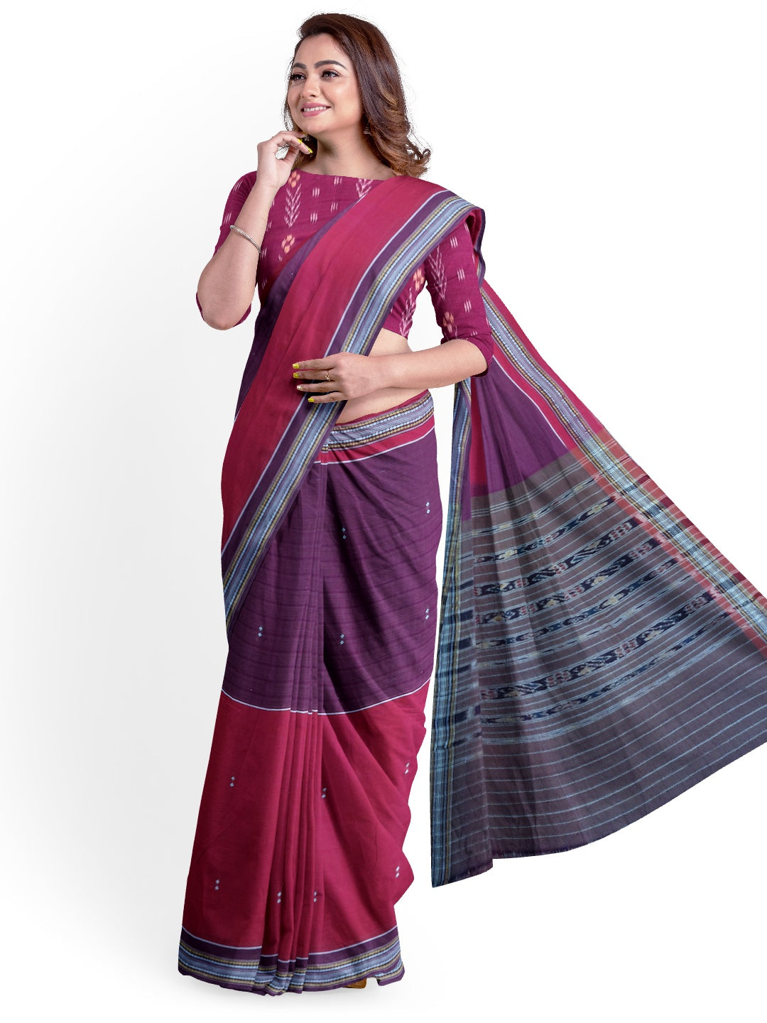 Violet Pink Cotton Odisha Ikat saree  with mix match cotton ikat blouse