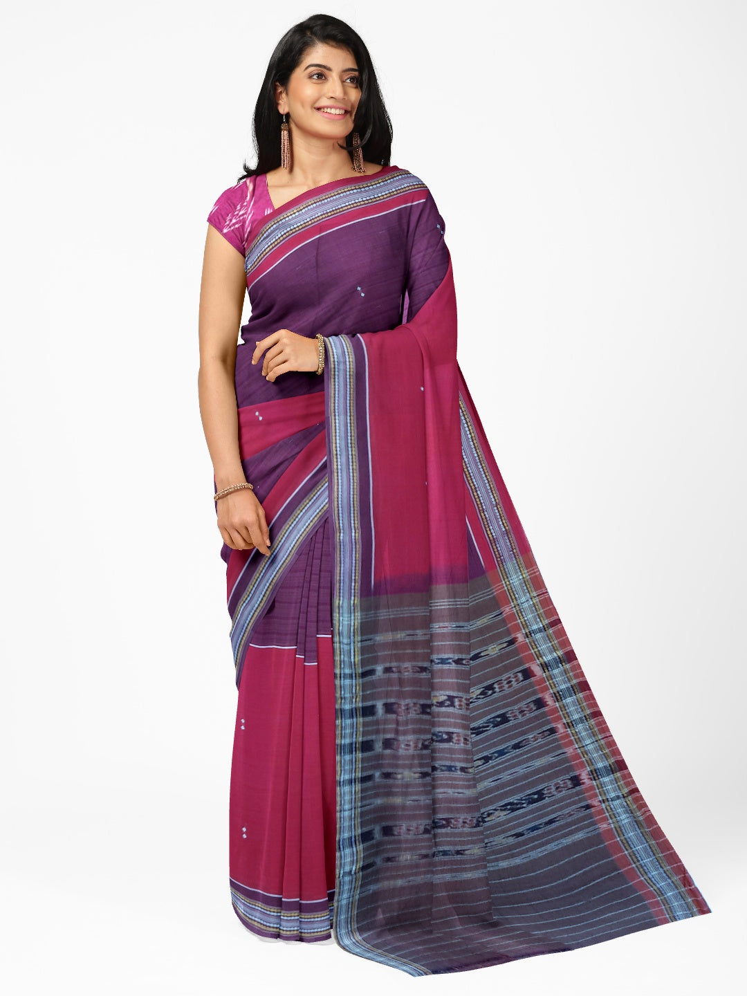 Violet Pink Cotton Odisha Ikat saree  with mix match cotton ikat blouse