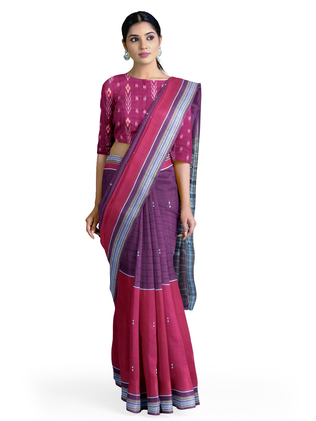 Violet Pink Cotton Odisha Ikat saree  with mix match cotton ikat blouse